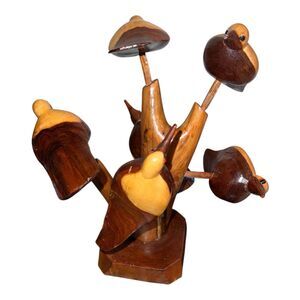 Hand Carved Folk Art Birds in a Tree Wood Statue Removable Birds MCM Vintage